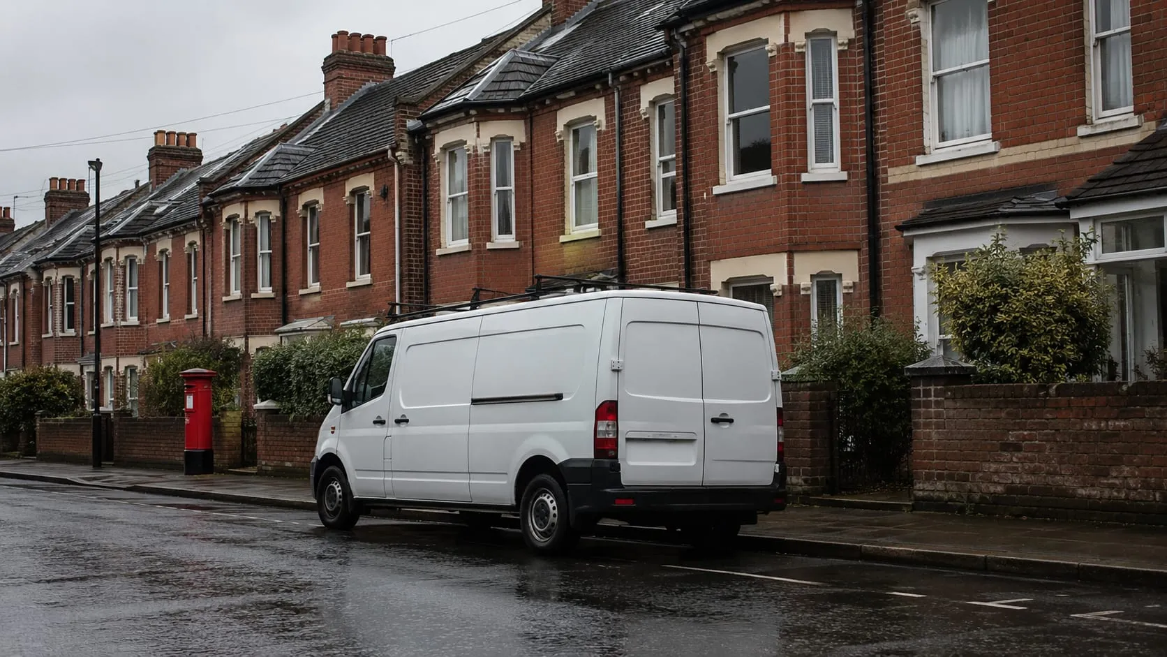 A residential street of red-brick Victorian terraced houses in Reading on a damp overcast day, with a plain white work van parked at the kerb.
