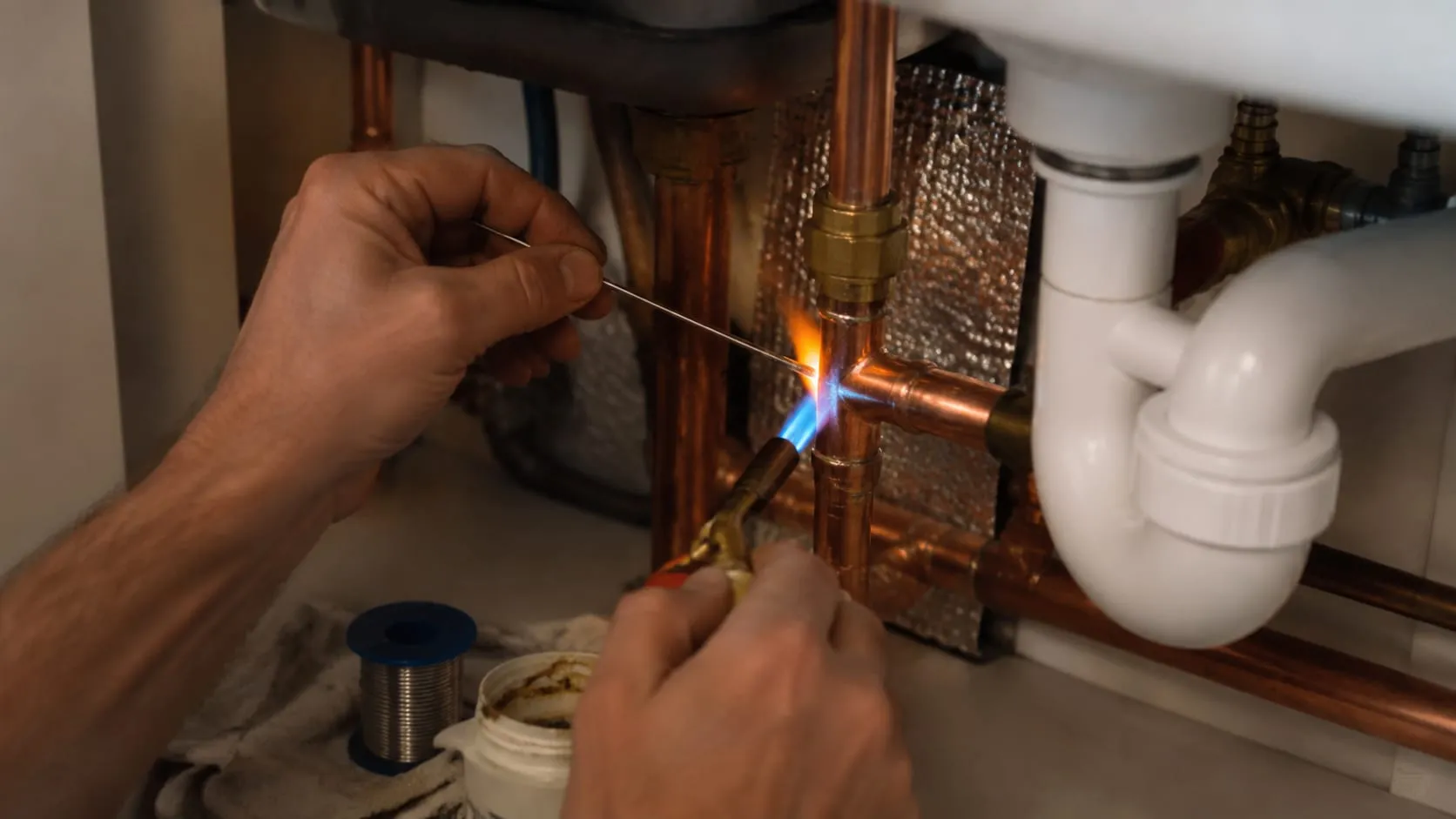 A plumber's hands soldering a copper pipe joint with a blowtorch in the cupboard under a kitchen sink, flux and solder wire beside the fitting.